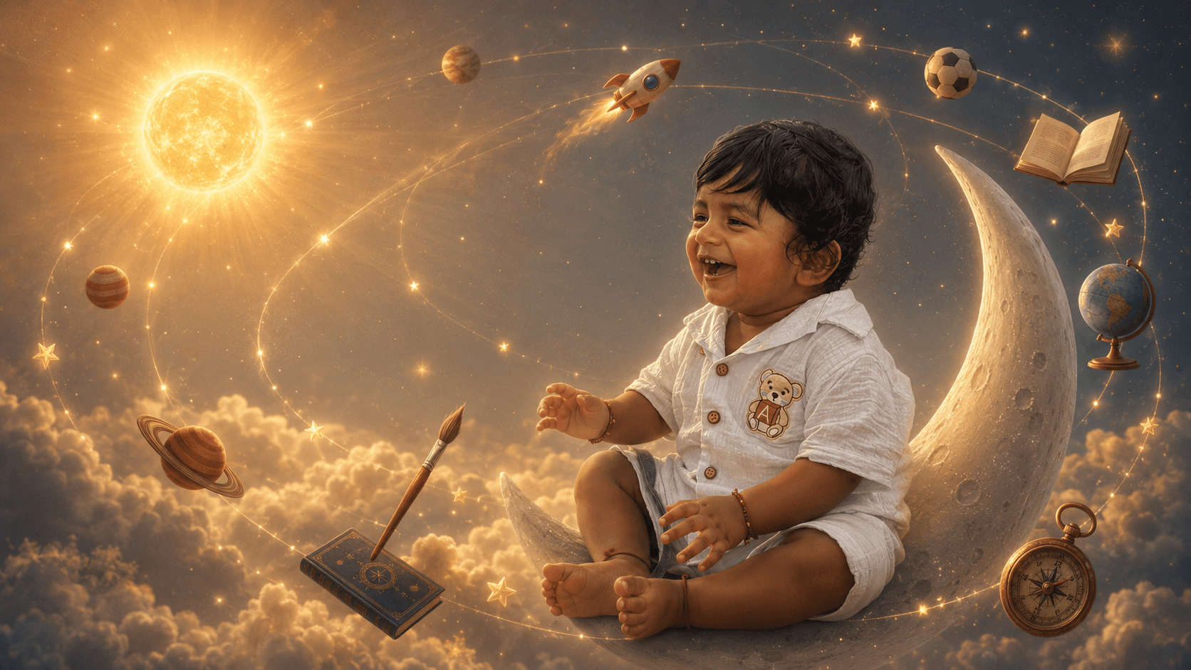 Vivansh laughing on a crescent moon with the sun, planets, and symbols of possibility floating around him.