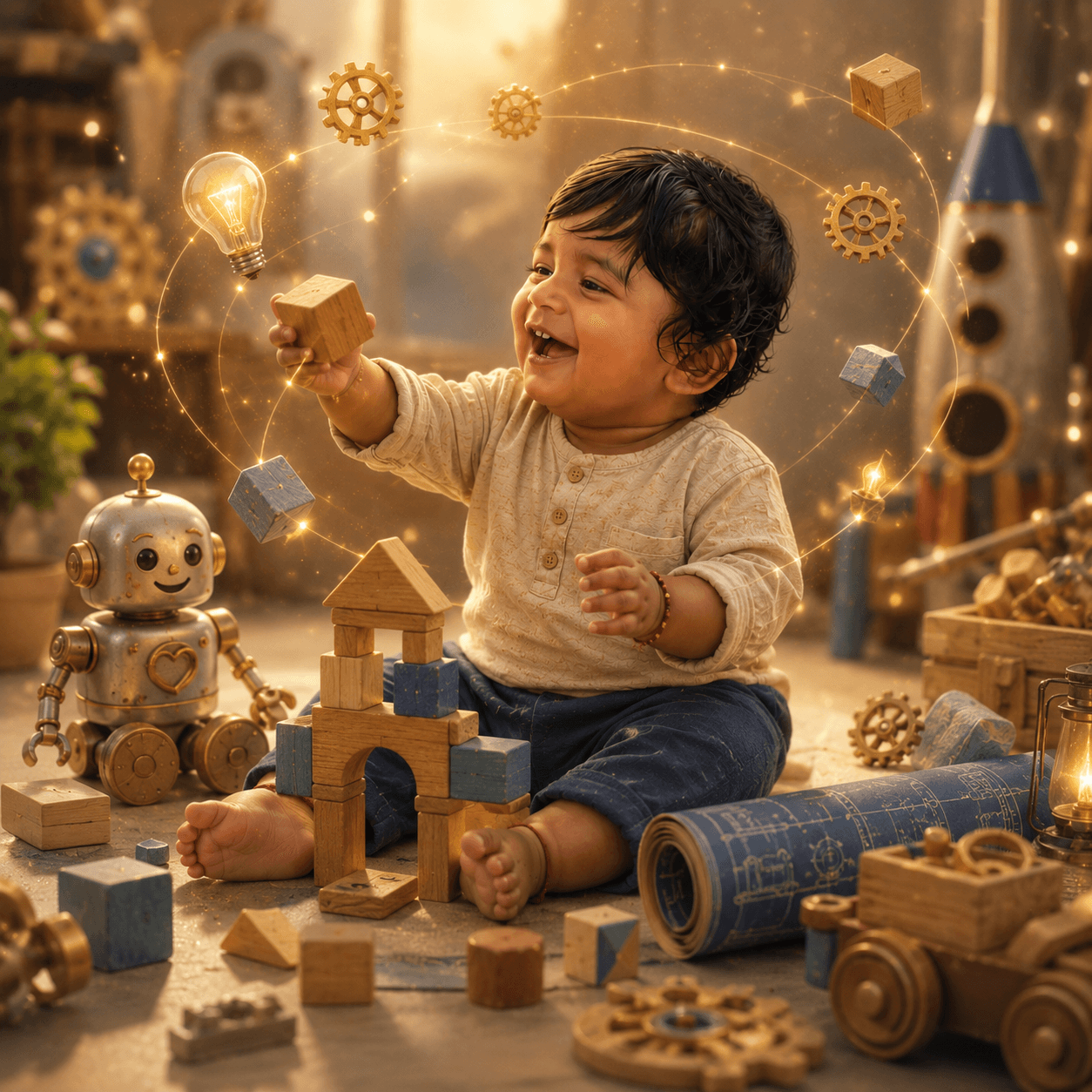 Storybook illustration of baby Vivansh with blocks, blueprints, and a tiny robot.