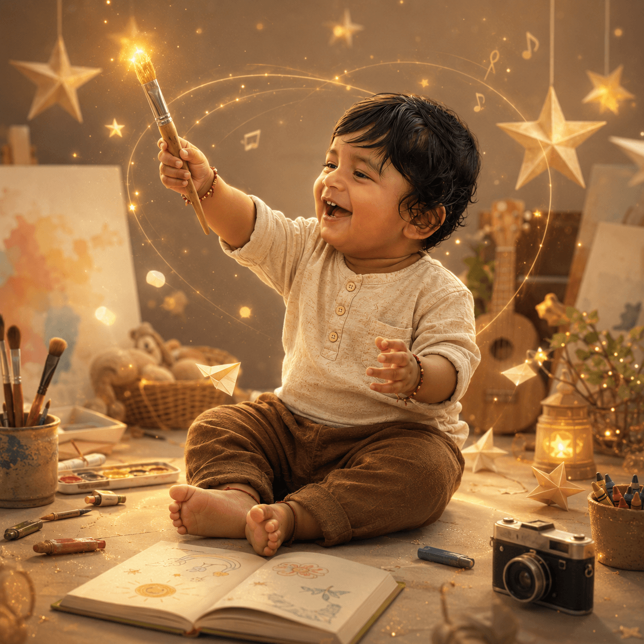 Storybook illustration of baby Vivansh surrounded by art, music, and imagination.