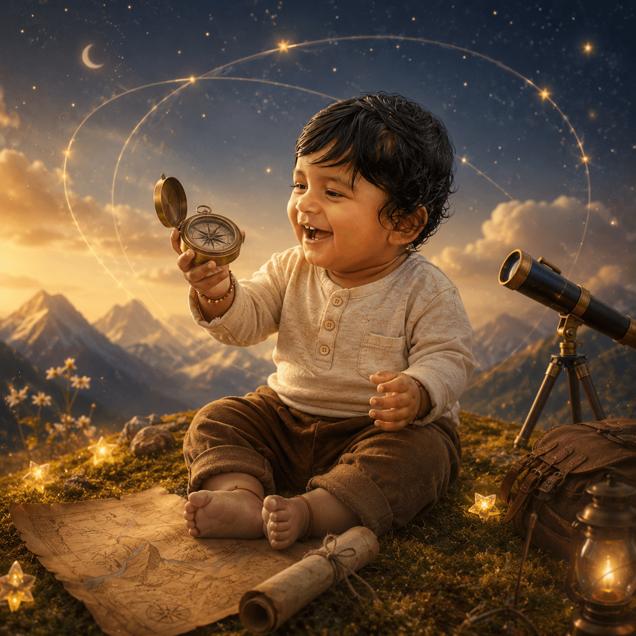 Storybook illustration of baby Vivansh with a compass, stars, and mountains.