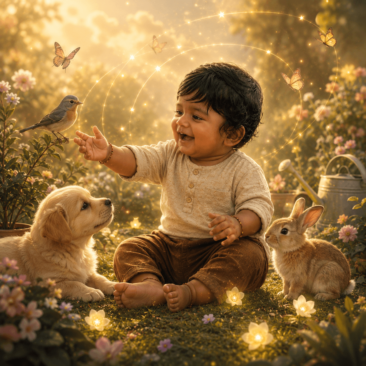 Storybook illustration of baby Vivansh in a gentle garden with small animals and flowers.