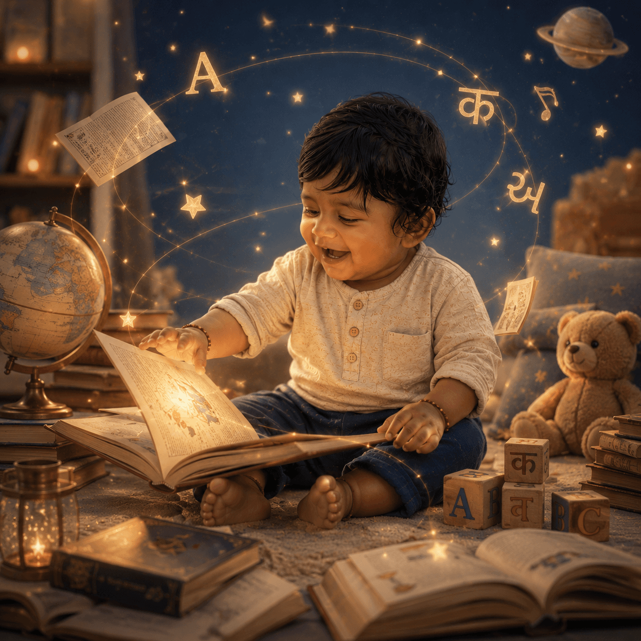 Storybook illustration of baby Vivansh with books, a globe, and multilingual letters.